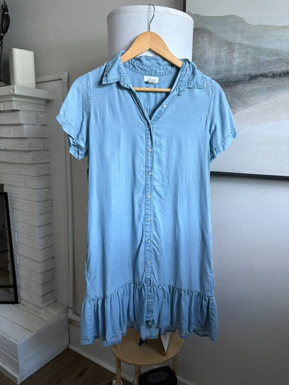 Chambray Denim Button Front Ruffle Hem Shirt Dress